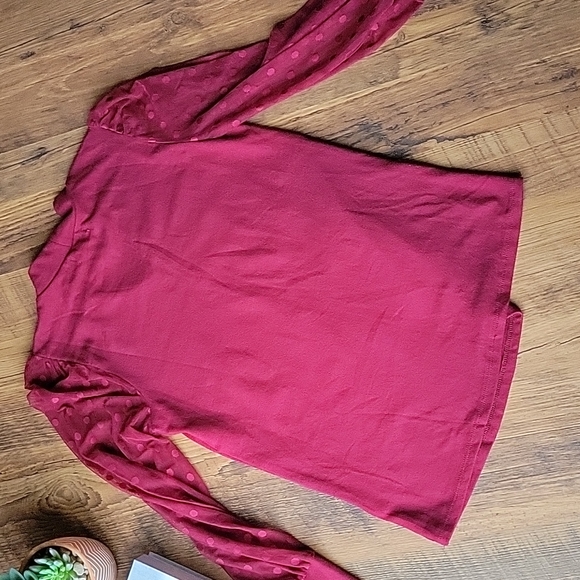 Maurices Red High Neck Cut Out Sheer Polka Dot Sleeve Top - Picture 6 of 6